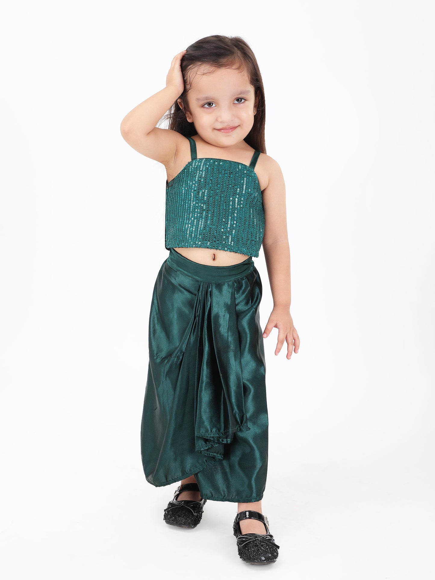 Girls Green Sequin Top with Satin Dhoti Set – Stylish Indian Party Wear (1–8 Years)