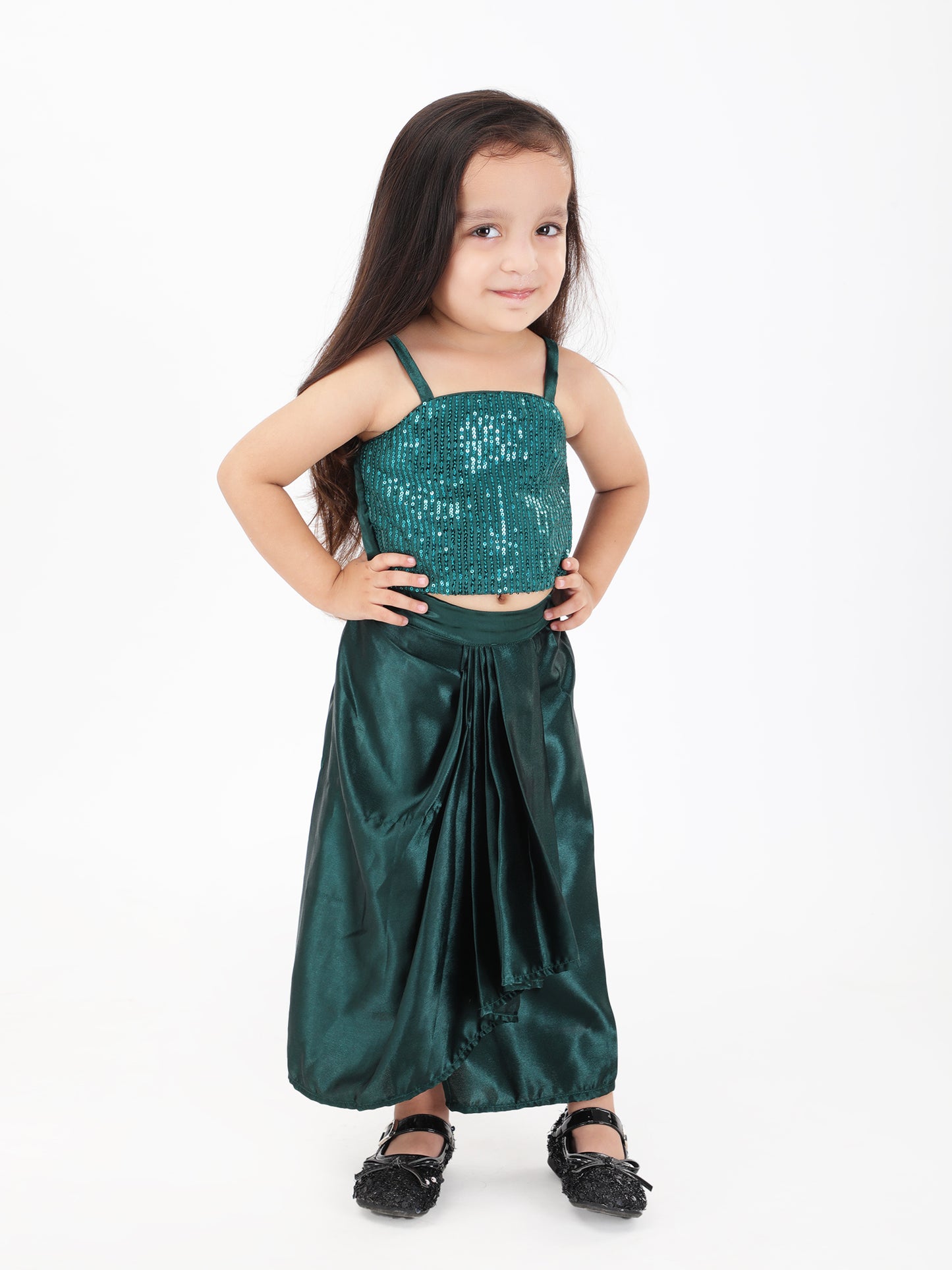 Girls Green Sequin Top with Satin Dhoti Set – Stylish Indian Party Wear (1–8 Years)