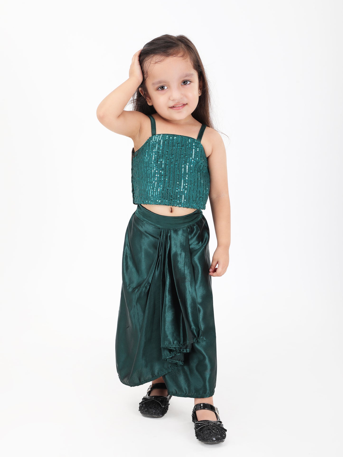 Girls Green Sequin Top with Satin Dhoti Set – Stylish Indian Party Wear (1–8 Years)