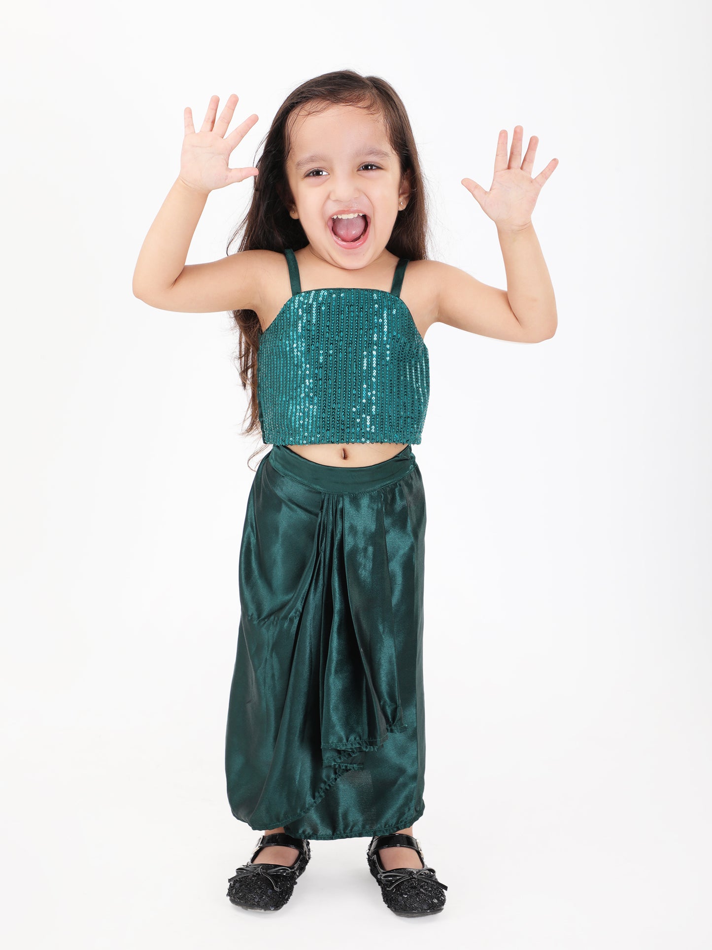 Girls Green Sequin Top with Satin Dhoti Set – Stylish Indian Party Wear (1–8 Years)