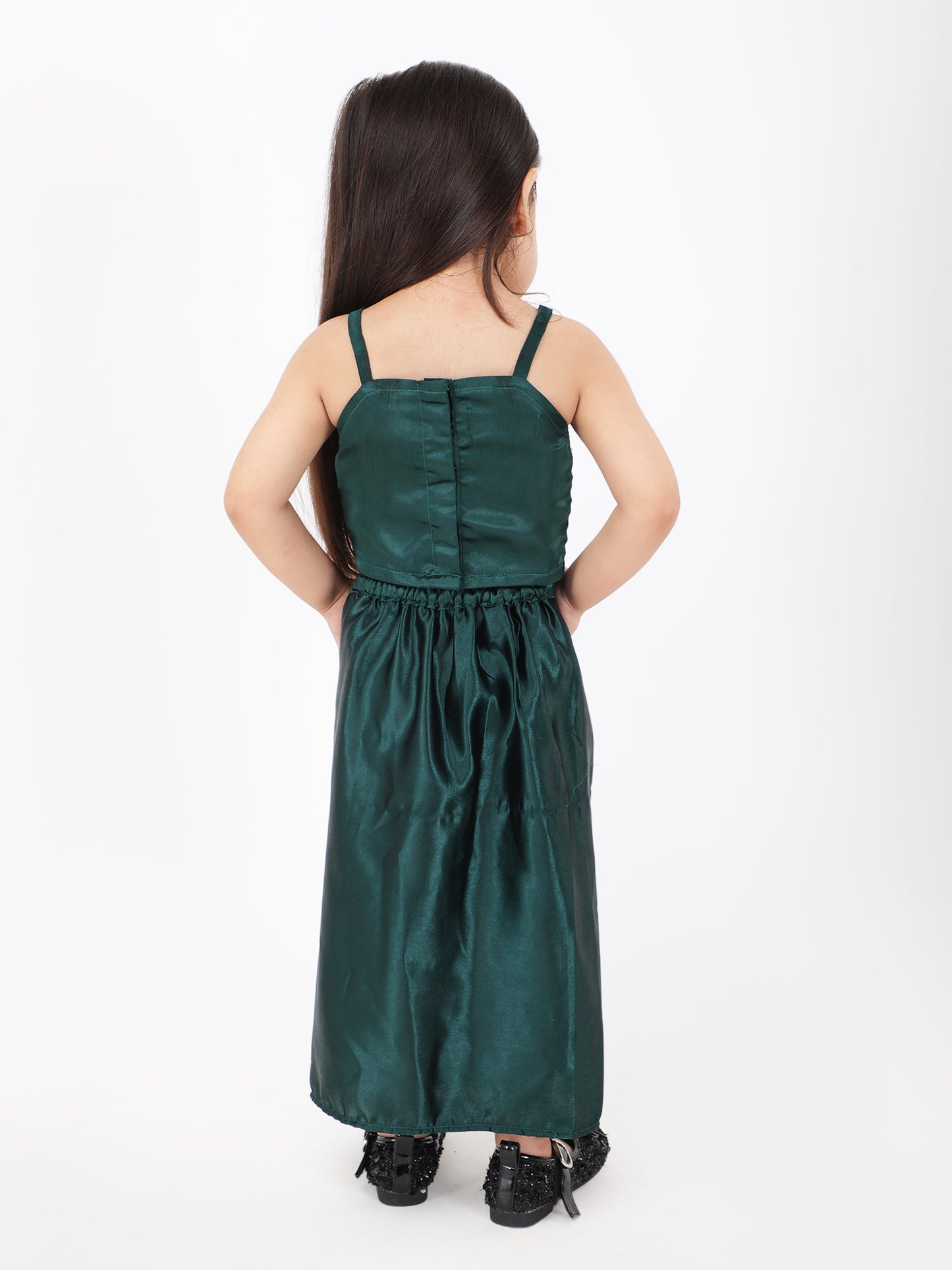 Girls Green Sequin Top with Satin Dhoti Set – Stylish Indian Party Wear (1–8 Years)