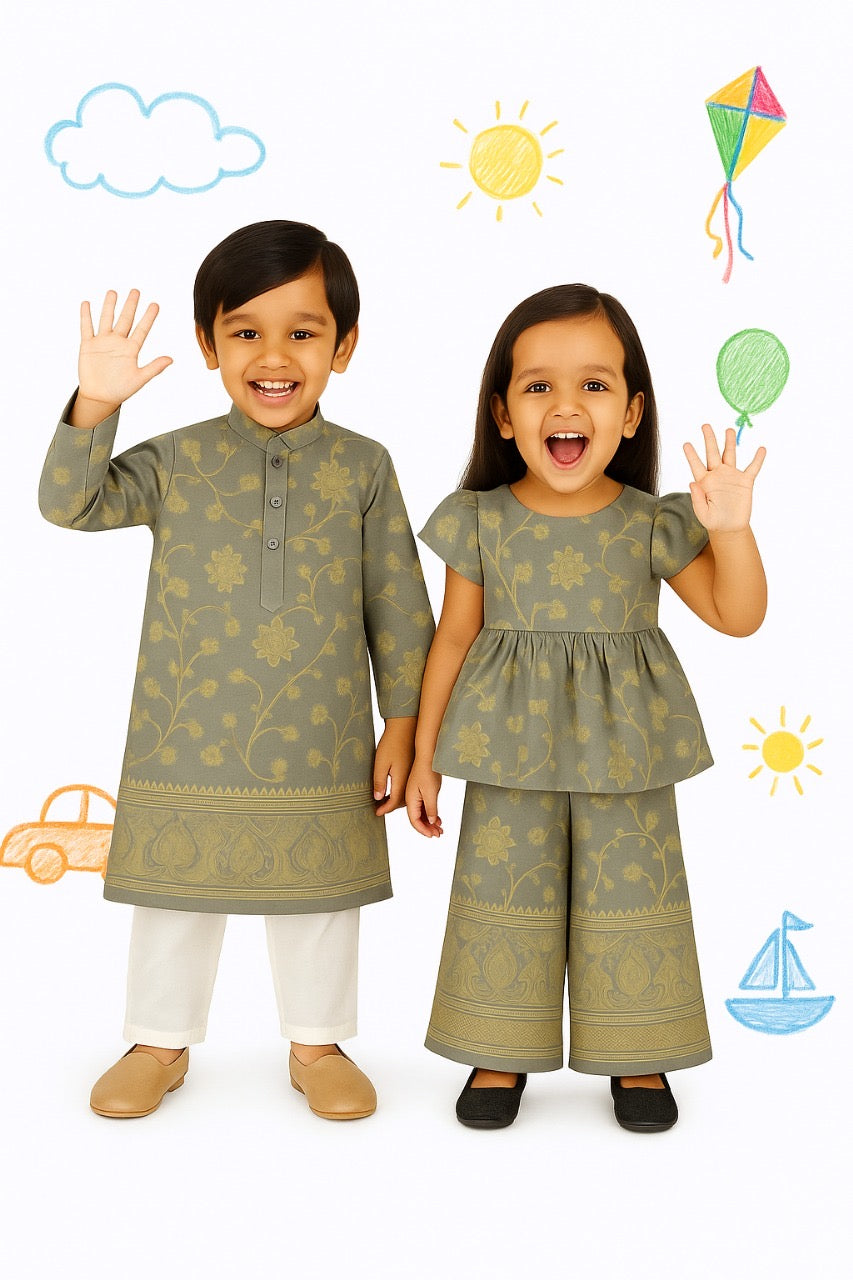 Twinning Olive Green Kurta Set for Boys & Peplum Palazzo Set for Girls | Sibling Combo | Festive Wear