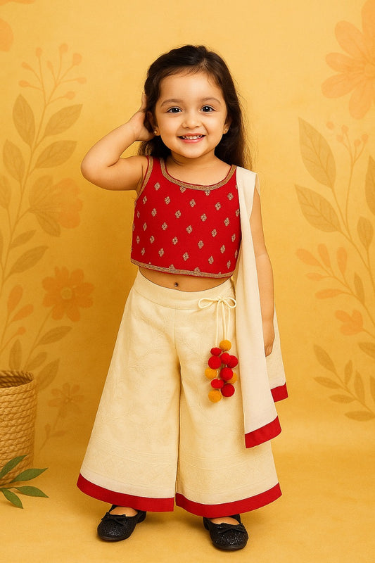 Red Crop Top & Cream Palazzo Set with Dupatta | Festive Ethnic Wear for Girls