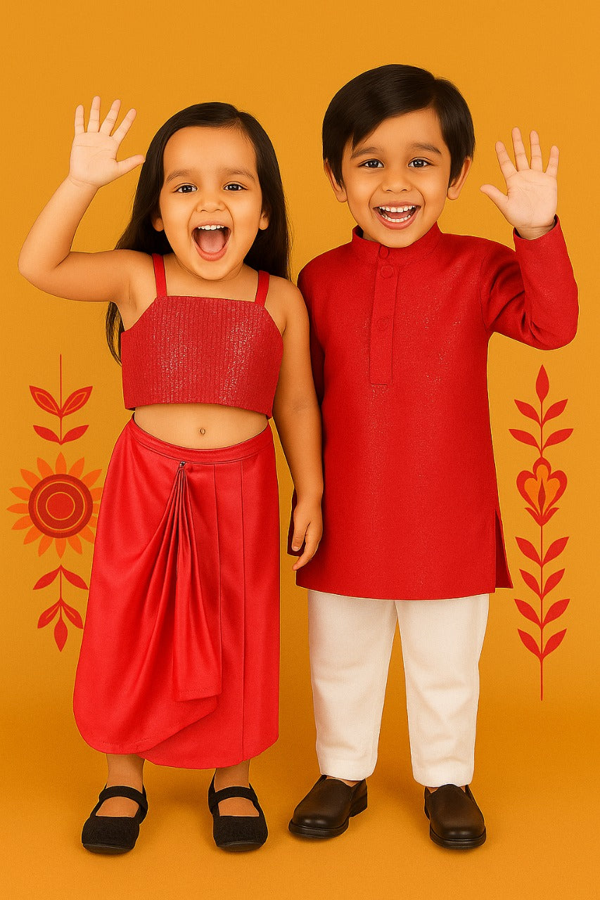 Twinning Red Party Wear Set – Sequin Top with Dhoti for Girls & Kurta Pajama for Boys (1–8 Years)